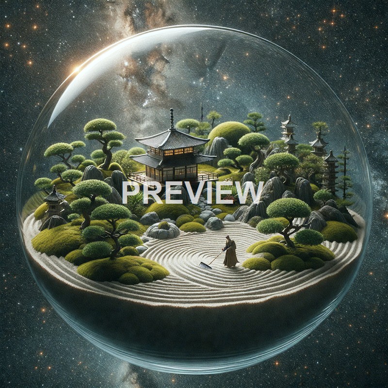 A miniature Japanese garden with traditional pagodas, trees, and a raked sand pattern, enclosed within a glass dome floating in space with stars and the Milky Way in the background.